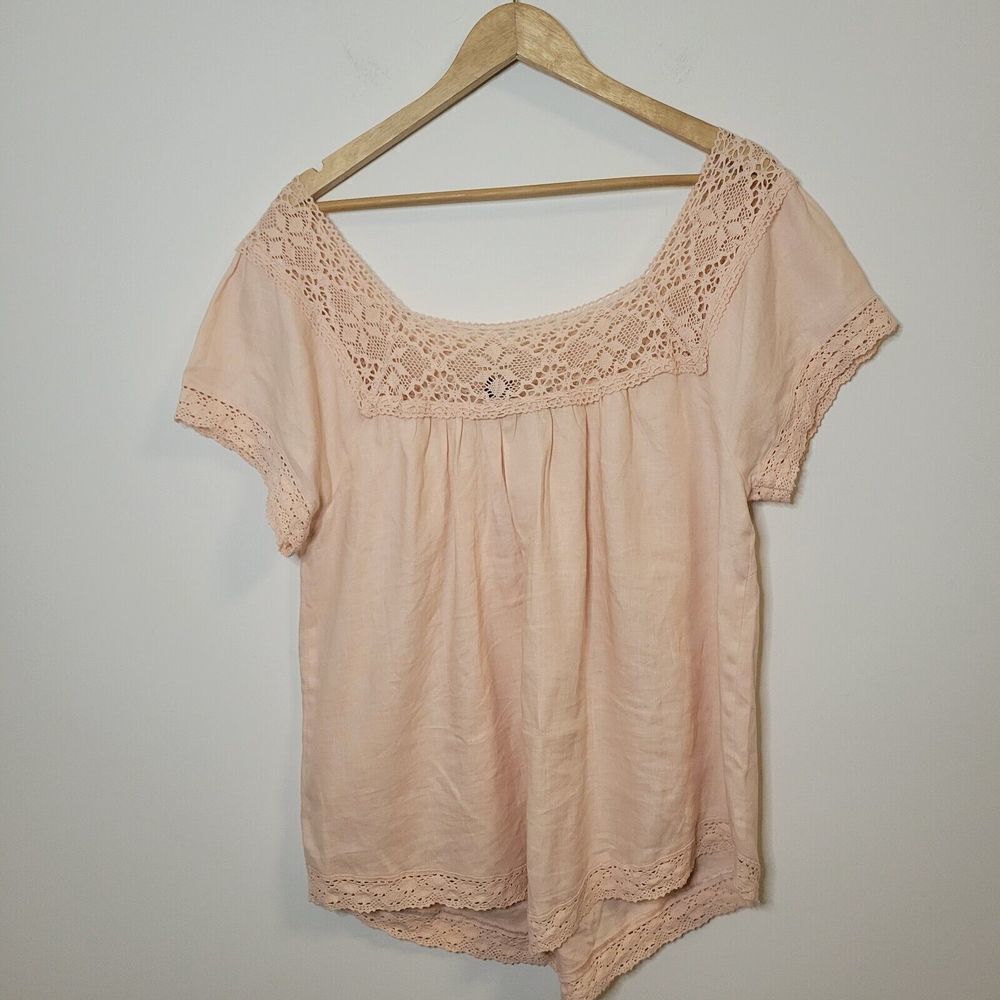 Autograph Women's Embroidered Yoke Square Neck 100% Linen Top Blouse Size XL